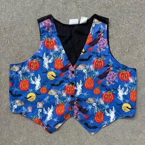 Vintage 90s Basic Editions Halloween Vest Jack'o'Lantern Ghost Bat Full Moon 2X
